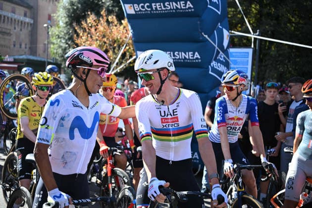 03-10-2026 Giro Dell emilia; 2026, Movistar; 2026, Uae Emirates - Xrg; Quintana Rojas Nairo, Alexander; Mcnulty, Brandon; Ferrara; 