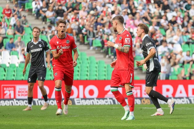 October 3, 2026, xtgx, soccer exhibition match, Hannover 96 vs. SC Verl, from left: Marcel Hartel, Hannover celebration, Goal celebration, celebrating the goal, DFL DFB REGULATIONS PROHIBIT ANY USE OF PHOTOGRAPHS as IMAGE SEQUENCES and or QUASI-VIDEO Hannover