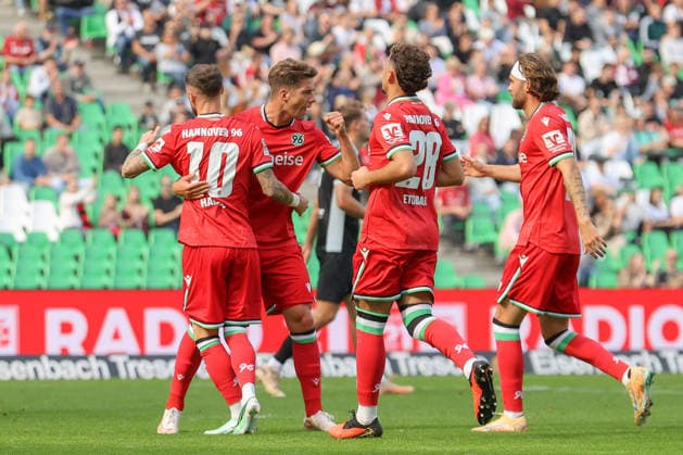 October 3, 2026, xtgx, soccer exhibition match, Hannover 96 vs. SC Verl, from left: Marcel Hartel, Hannover celebration, Goal celebration, celebrating the goal, DFL DFB REGULATIONS PROHIBIT ANY USE OF PHOTOGRAPHS as IMAGE SEQUENCES and or QUASI-VIDEO Hannover
