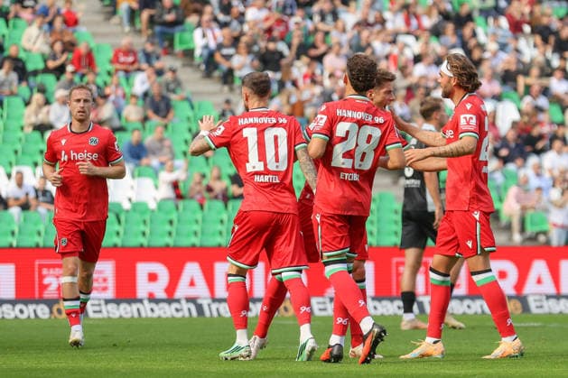 October 3, 2026, xtgx, soccer exhibition match, Hannover 96 vs. SC Verl, from left: Marcel Hartel, Hannover celebration, Goal celebration, celebrating the goal, DFL DFB REGULATIONS PROHIBIT ANY USE OF PHOTOGRAPHS as IMAGE SEQUENCES and or QUASI-VIDEO Hannover