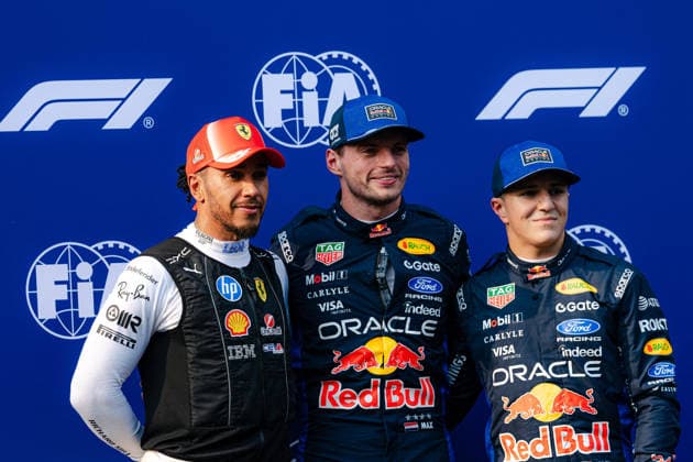 2026 Malaysian GP - Sepang Circuit - Pilots MAX VERSTAPPEN (NED) of Oracle Red Bull Racing ISACK HADJAR (FRA) of Oracle Red Bull Racing LEWIS HAMILTON (GBR) of Scuderia Ferrari HP Qualifying Parc Ferme on Saturday during the 2026 Formula 1 Gulf Air Bahrain Grand Prix in Malaysia at Sepang International Circuit on October 3, 2026. Photo by Tan Jun Da ABACAPRESS.COM Kuala Lumpur Malaysia  Copyright: xJunxDaxTan ABACAx
