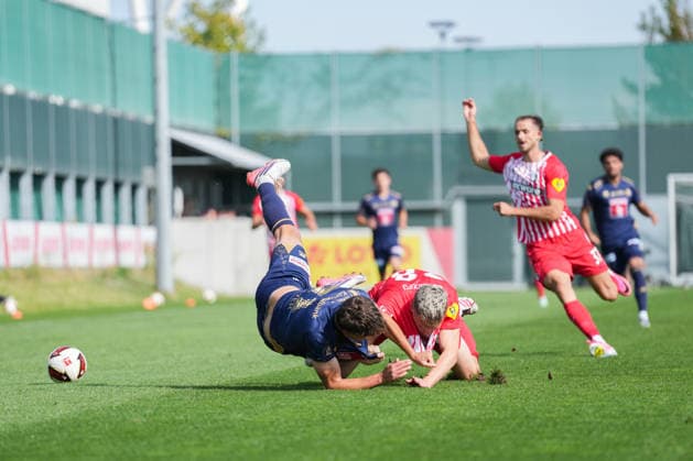 Friendly Match: SC Freiburg vs. FC Luzern, October 3, 2026. A tackle between Lars Villiger (FC Luzern, 27) and Matthias Ginter (SC Freiburg, 28). Friendly Match: SC Freiburg vs. FC Luzern, Europa-Park Stadium, October 3, 2026 DFB and DFL regulations prohibit any use of photographs as image sequences and or quasi-video. Copyright: xBEAUTIFULxSPORTS Boscox