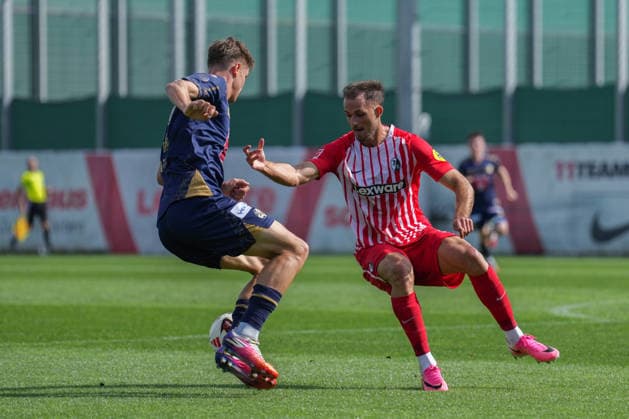 Friendly Match: SC Freiburg vs. FC Luzern, October 3, 2026—Lars Villiger (FC Luzern, 27) in a tackle with Max Rosenfelder (SC Freiburg, 37). Friendly Match: SC Freiburg vs. FC Luzern, Europa-Park Stadium, October 3, 2026 DFB and DFL regulations prohibit any use of photographs as image sequences and or quasi-video. Copyright: xBEAUTIFULxSPORTS Boscox