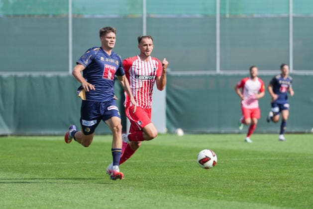 Friendly Match: SC Freiburg vs. FC Luzern, October 3, 2026—Lars Villiger (FC Luzern, 27) in a tackle with Max Rosenfelder (SC Freiburg, 37). Friendly Match: SC Freiburg vs. FC Luzern, Europa-Park Stadium, October 3, 2026 DFB and DFL regulations prohibit any use of photographs as image sequences and or quasi-video. Copyright: xBEAUTIFULxSPORTS Boscox