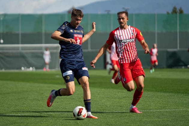October 3, 2026, xjyhynx, soccer exhibition match, SC Freiburg vs. FC Lucerne, from left: Lars Villiger 27, FC Lucerne dribbling past Max Rosenfelder 37, SC Freiburg, Freiburg