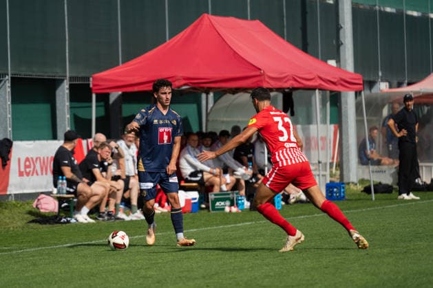 October 3, 2026, xjyhynx, soccer exhibition match, SC Freiburg vs. FC Lucerne, from left: Levin Winkler 29, FC Lucerne is represented by Vincenzo Grifo 32, SC Freiburg, Freiburg