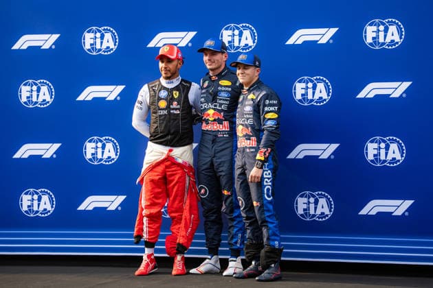 2026 Malaysian GP - Sepang Circuit - Pilots LEWIS HAMILTON 44 (GBR) of Scuderia Ferrari HP (Ferrari SF-26) MAX VERSTAPPEN 1 (NED) of Oracle Red Bull Racing (Red Bull Racing RB22) and ISACK HADJAR 6 (FRA) of Oracle Red Bull Racing (Red Bull Racing RB22) after qualifying top 3 on Saturday during the 2026 Formula 1 Gulf Air Bahrain Grand Prix in Malaysia at Sepang International Circuit in Kuala Lumpur, Malaysia, on October 3, 2026. Photo by Antoine Lapeyre Reveries Agency ABACAPRESS.COM Kuala Lumpur Malaysia Copyright: xAntoinexLapeyre ReveriesxAgency ABACAx