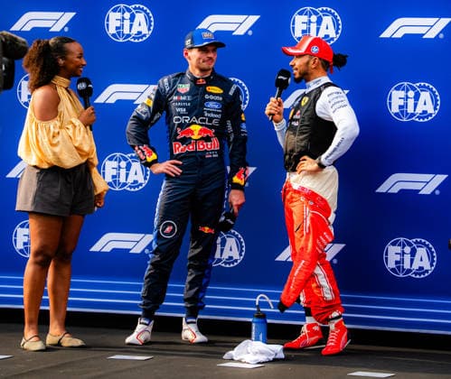 2026 Malaysian GP - Sepang Circuit - Pilots MAX VERSTAPPEN 1 (NED) of Oracle Red Bull Racing (Red Bull Racing RB22) and LEWIS HAMILTON 44 (GBR) of Scuderia Ferrari HP (Ferrari SF-26) with NAOMI SCHIFF (RWA) Analyst for Sky Sports on Saturday during the 2026 Formula 1 Gulf Air Bahrain Grand Prix in Malaysia at Sepang International Circuit in Kuala Lumpur, Malaysia, on October 3, 2026. Photo by Antoine Lapeyre Reveries Agency ABACAPRESS.COM Kuala Lumpur Malaysia Copyright: xAntoinexLapeyre ReveriesxAgency ABACAx