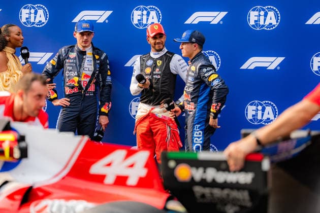 2026 Malaysian GP - Sepang Circuit - Pilots LEWIS HAMILTON 44 (GBR) of Scuderia Ferrari HP (Ferrari SF-26) MAX VERSTAPPEN 1 (NED) of Oracle Red Bull Racing (Red Bull Racing RB22) and ISACK HADJAR 6 (FRA) of Oracle Red Bull Racing (Red Bull Racing RB22) after qualifying top 3 on Saturday during the 2026 Formula 1 Gulf Air Bahrain Grand Prix in Malaysia at Sepang International Circuit in Kuala Lumpur, Malaysia, on October 3, 2026. Photo by Antoine Lapeyre Reveries Agency ABACAPRESS.COM Kuala Lumpur Malaysia Copyright: xAntoinexLapeyre ReveriesxAgency ABACAx