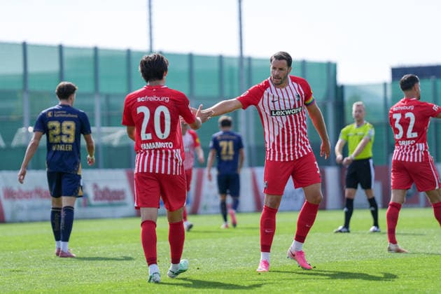Rihito Yamamoto, SC Freiburg, 20, and Vincenzo Grifo, SC Freiburg, 32—goal celebration, emotions, shot on goal, finish, goal scored, goal, hit, Germany, soccer, friendly match, SC Freiburg vs. FC Luzern, October 3, 2026, Europa-Park Stadium, Training Field, Freiburg, Freiburg, Europa-Park Stadium, Training Field, Baden-Württemberg, Germany Copyright: xArnexAmbergx