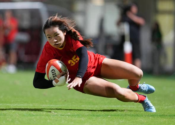 (261003) -- NAGOYA, Oct. 3, 2026 -- Zhang Le of team China competes during the women s gold medal match of rugby sevens between China and Japan at the 20th Asian Games Aichi-Nagoya 2026 in Nagoya, Japan, Oct. 3, 2026. ) (SP)JAPAN-NAGOYA-ASIAN GAMES-RUGBY SEVENS-WOMEN ZhangxHaobo