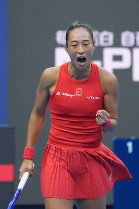 (261003) -- BEIJING, Oct. 3, 2026 -- Zheng Qinwen of China celebrates scoring while competing against Anna Kalinskaya of Russia during the women s singles second round match at 2026 China Open tennis tournament in Beijing, China, Oct. 3, 2026. ) (SP)CHINA-BEIJING-TENNIS-CHINA OPEN-WOMEN S SINGLES(CN) XiexHan 