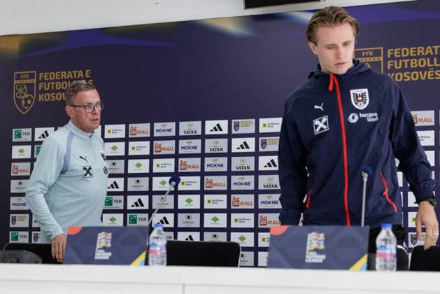 SOCCER - NL, KOS vs AUT PRISTINA,KOSOVO,03.OCT.26 - SOCCER - UEFA Nations League, OEFB international match, Länderspiel, Nationalmannschaft Kosovo vs Austria, preview, press conference, PK, Pressekonferenz team AUT. Image shows head coach Ralf Rangnick and Patrick Wimmer (AUT).  GEPAxpictures xArminxRauthner