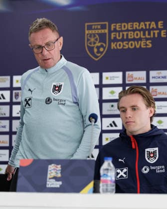 SOCCER - NL, KOS vs AUT PRISTINA,KOSOVO,03.OCT.26 - SOCCER - UEFA Nations League, OEFB international match, Länderspiel, Nationalmannschaft Kosovo vs Austria, preview, press conference, PK, Pressekonferenz team AUT. Image shows head coach Ralf Rangnick and Patrick Wimmer (AUT).  GEPAxpictures xArminxRauthner