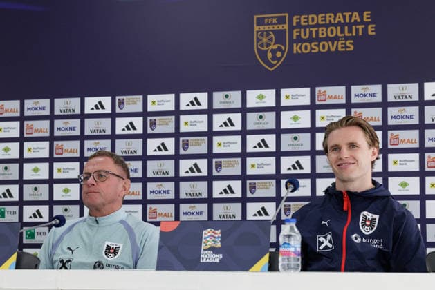 SOCCER - NL, KOS vs AUT PRISTINA,KOSOVO,03.OCT.26 - SOCCER - UEFA Nations League, OEFB international match, Länderspiel, Nationalmannschaft Kosovo vs Austria, preview, press conference, PK, Pressekonferenz team AUT. Image shows head coach Ralf Rangnick and Patrick Wimmer (AUT). GEPAxpictures xArminxRauthner