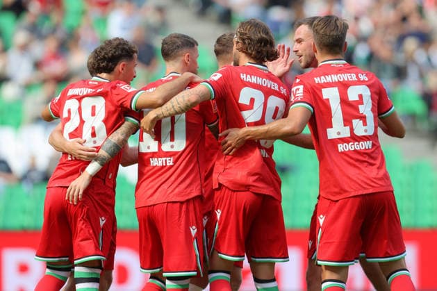 October 3, 2026, xtgx, soccer exhibition match, Hannover 96 vs. SC Verl, from left: Marcel Hartel, Hannover celebration, Goal celebration, celebrating the goal, DFL DFB REGULATIONS PROHIBIT ANY USE OF PHOTOGRAPHS as IMAGE SEQUENCES and or QUASI-VIDEO Hannover