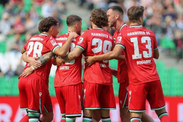 October 3, 2026, xtgx, soccer exhibition match, Hannover 96 vs. SC Verl, from left: Marcel Hartel, Hannover celebration, Goal celebration, celebrating the goal, DFL DFB REGULATIONS PROHIBIT ANY USE OF PHOTOGRAPHS as IMAGE SEQUENCES and or QUASI-VIDEO Hannover