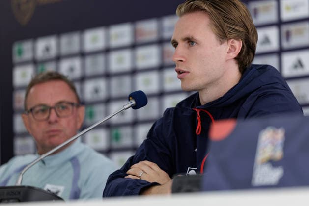 SOCCER - NL, KOS vs AUT PRISTINA,KOSOVO,03.OCT.26 - SOCCER - UEFA Nations League, OEFB international match, Länderspiel, Nationalmannschaft Kosovo vs Austria, preview, press conference, PK, Pressekonferenz team AUT. Image shows head coach Ralf Rangnick and Patrick Wimmer (AUT).  GEPAxpictures xArminxRauthner