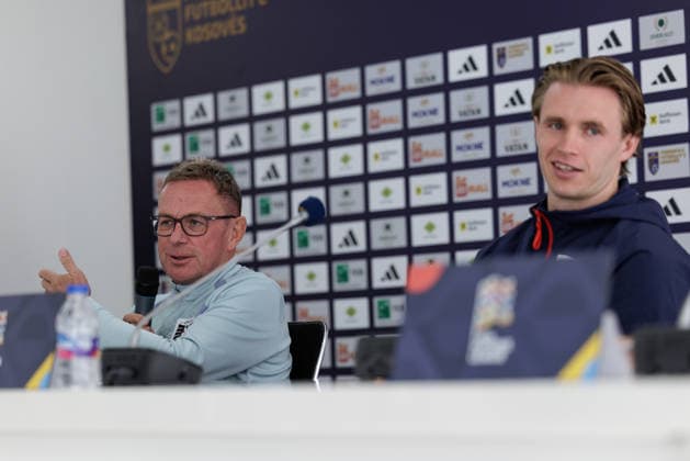 SOCCER - NL, KOS vs AUT PRISTINA,KOSOVO,03.OCT.26 - SOCCER - UEFA Nations League, OEFB international match, Länderspiel, Nationalmannschaft Kosovo vs Austria, preview, press conference, PK, Pressekonferenz team AUT. Image shows head coach Ralf Rangnick and Patrick Wimmer (AUT). GEPAxpictures xArminxRauthner