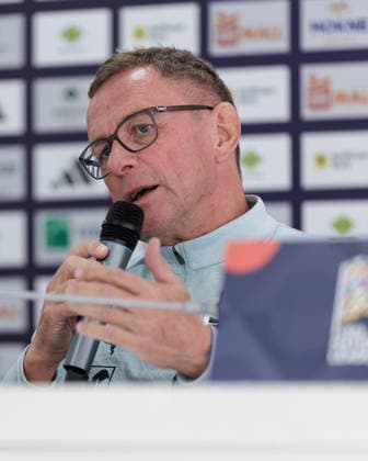 SOCCER - NL, KOS vs AUT PRISTINA,KOSOVO,03.OCT.26 - SOCCER - UEFA Nations League, OEFB international match, Länderspiel, Nationalmannschaft Kosovo vs Austria, preview, press conference, PK, Pressekonferenz team AUT. Image shows head coach Ralf Rangnick (AUT).  GEPAxpictures xArminxRauthner