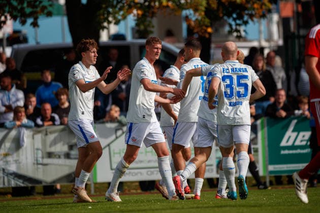 Goal celebration 0 2 Goal scorer 2 (from left) Emil Frost, Holten, Rostock, GER; SV Gützkow vs. FC Hansa Rostock, soccer, men s, 3rd round, Lübzer Pils State Cup, 2026–2027 season, October 3, 2026, Gützkow Stadium, Gützkow, Mecklenburg-Western Pomerania, Germany