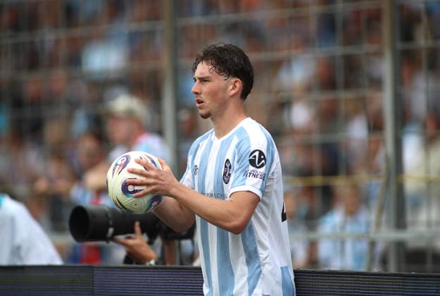 Soccer, Men s, Bavarian Regional League, 2026–2027 Season, TSV 1860 Munich vs. SpVgg Ansbach, Grünwalder Stadium—Lance Fiedler of TSV 1860 Munich taking a throw-in