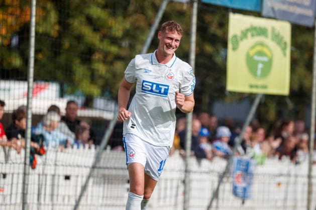 Goal celebration 0 1 Goal scorer Emil Frost Holten Rostock GER, SV Gützkow vs. FC Hansa Rostock, Soccer, Men, Round 3, Lübzer Pils State Cup, 2026–2027 season, October 3, 2026, Gützkow Stadium, Gützkow, Mecklenburg-Western Pomerania, Germany