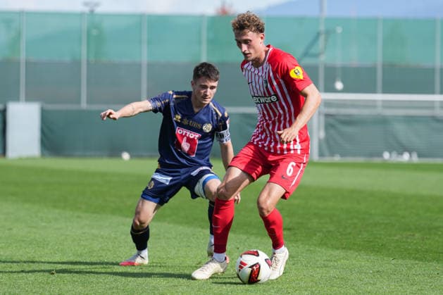 Friendly Match: SC Freiburg vs. FC Luzern, October 3, 2026. A tackle between Matteo di Giusto (FC Luzern, No. 11) and Patrick Osterhage (SC Freiburg, No. 6). Friendly Match: SC Freiburg vs. FC Luzern, Europa-Park Stadium, October 3, 2026 DFB and DFL regulations prohibit any use of photographs as image sequences and or quasi-video. Copyright: xBEAUTIFULxSPORTS Boscox