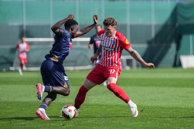 Friendly Match: SC Freiburg vs. FC Luzern, October 3, 2026. A tackle between Aurelio Oehlers (FC Luzern, No. 7) and Lukas Kübler (SC Freiburg, No. 17). Friendly Match: SC Freiburg vs. FC Luzern, Europa-Park Stadium, October 3, 2026 DFB and DFL regulations prohibit any use of photographs as image sequences and or quasi-video. Copyright: xBEAUTIFULxSPORTS Boscox