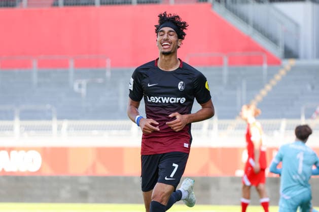 October 3, 2026, xusrbx, Regionalliga Southwest soccer, FSV Mainz 05 U23 vs. SC Freiburg II: Krish Raweri of SC Freiburg II scores the 1-0 goal in the 17th minute; goal celebration, Mainz