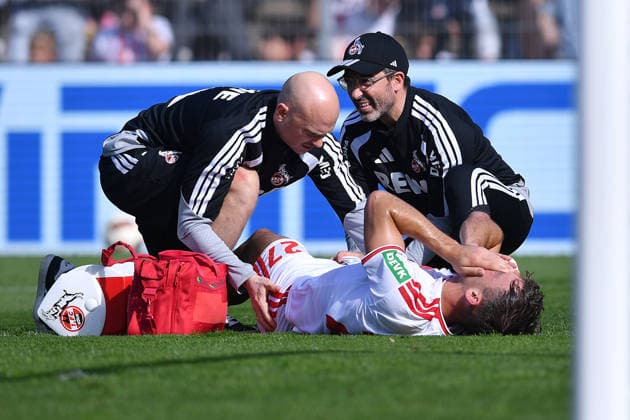Soccer Friendly Match: FC Viktoria Köln vs. 1. FC Köln on October 3, 2026, at Sportpark Höhenberg in Cologne. Thijs Dallinga of Cologne lies injured on the ground. xRx