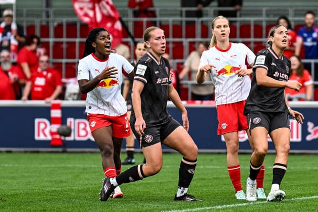 Soccer I Women s I 2026–2027 Season I Bundesliga I Matchday 6 I RB Leipzig 1 FSV Mainz 05 I October 3, 2026 Delice Boboy 17, Rasenballsport Leipzig’s left winger thinks her shot is already in the net and celebrates at the RB Leipzig Training Center, Cottaweg 7, Saxony, Germany Copyright: xLobeca InesxHähnelx