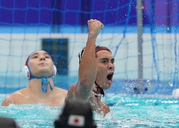 (261003) -- NAGOYA, Oct. 3, 2026 -- Lowrey Jun (R) of Japan celebrates during the men s Water polo, Wasserball final match between Kazakhstan and Japan at the 20th Asian Games Aichi-Nagoya 2026 in Nagoya, Japan, Oct. 3, 2026. ) (SP)JAPAN-NAGOYA-ASIAN GAMES-WATER POLO-FINAL MATCH-KAZ VS JPN CenxYunpeng 