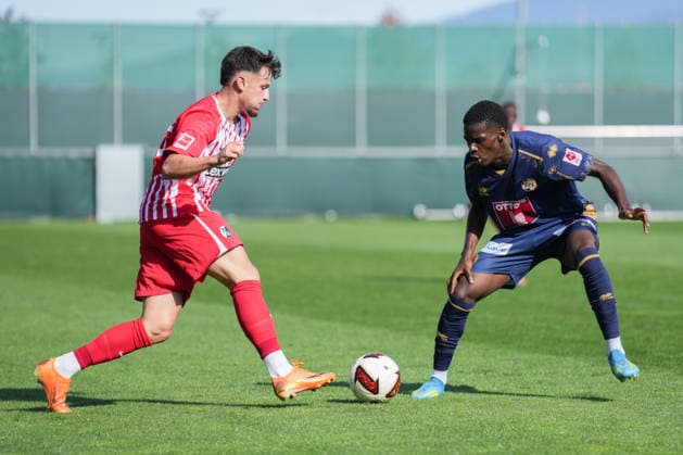 Friendly Match: SC Freiburg vs. FC Luzern, October 3, 2026. Leon Catak (SC Freiburg, No. 53) battles for the ball with Joel Matuanana (FC Luzern, No. 51). Friendly Match: SC Freiburg vs. FC Luzern, Europa-Park Stadium, October 3, 2026 DFB and DFL regulations prohibit any use of photographs as image sequences and or quasi-video. Copyright: xBEAUTIFULxSPORTS Boscox
