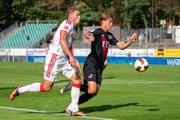 Tackle between Sebastian Sebulonsen of 1. FC Köln, 28, and Tim Kloss of Viktoria Köln, 18; FC Viktoria Köln vs. FC Hansa Rostock, soccer, 3. Liga, Matchday 5, 2026–2027 season, September 11, 2026. DFL and DFB regulations prohibit any use of photographs as image sequences and or quasi-video. FC Viktoria Cologne vs. FC Hansa Rostock, soccer, 3. Liga, Matchday 5, 2026–2027 season, September 11, 2026, Cologne Copyright: xEibner-Pressefoto ThomasxHaeslerx EP_THR