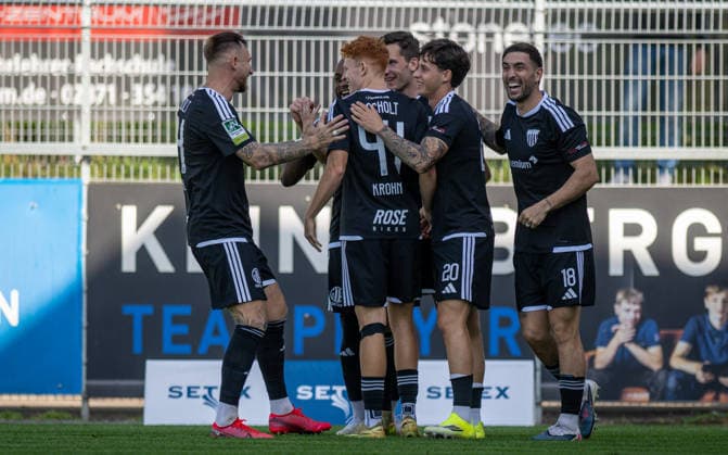 Soccer, 2026–2027 Season, Regionalliga West, October 3, 2026, Matchday 11, Men s, 1 FC Bocholt (black) vs. FC Guertsloh (white); from left: Alexander Hahn (1 FC Bocholt), Arnold Budimbu (1 FC Bocholt), Tim Krohn (1 FC Bocholt), Lennart Garlipp (1 FC Bocholt), Ozan Hot (1 FC Bocholt), Marlon Frey (1 FC Bocholt), Bocholt Stadium am Huenting, North Rhine-Westphalia, Germany 261003_fb_1fc-bocholt_fc-guetersloh_59422