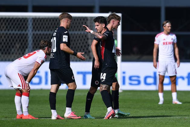 Soccer friendly match: FC Viktoria Köln vs. 1. FC Köln on October 3, 2026, at Sportpark Höhenberg in Cologne. Celebrations after Niklas Castelle s goal to make it 2–1 for Cologne. xRx