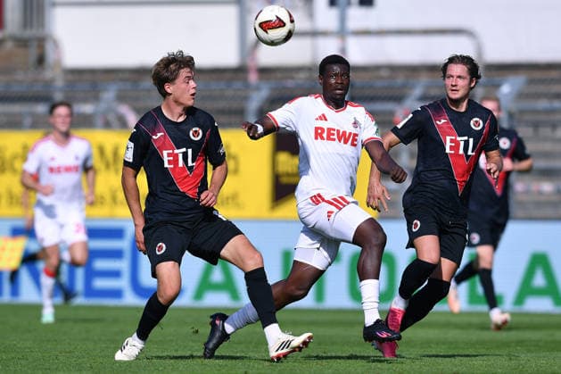Soccer Friendly Match: FC Viktoria Köln vs. 1. FC Köln on October 3, 2026, at Sportpark Höhenberg in Cologne. Tim Kloss (Cologne), left; Ragnar Ache (Cologne), center; Tobias Eisenhuth (Cologne), right xRx