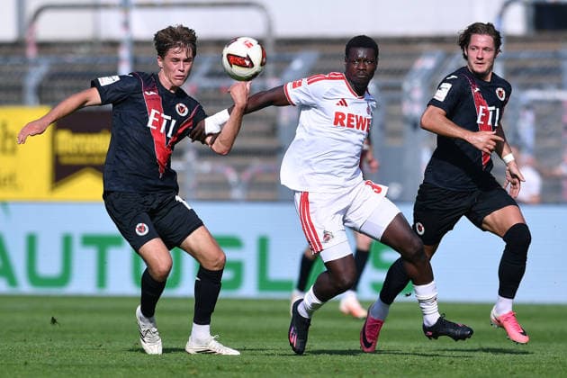 Soccer Friendly Match: FC Viktoria Köln vs. 1. FC Köln on October 3, 2026, at Sportpark Höhenberg in Cologne. Tim Kloss (Cologne), left; Ragnar Ache (Cologne), center; Tobias Eisenhuth (Cologne), right xRx
