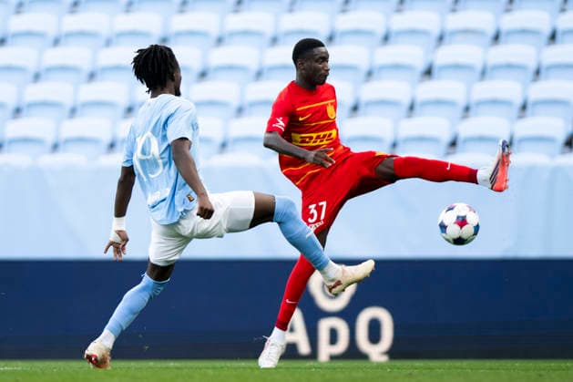 October 3, 2026: Israel Anum of Malmö FF and Lamine Sadio of FC Nordsjälland during the friendly match between Malmö FF and FC Nordsjälland on October 3, 2026 in Malmö. Photo by Avdo Bilkanovic, BILDBYRAN COP 115 AB0391. soccer, football, fotball, training match, friendly match, Malmö FF, FC Nordsjälland, bbeng Copyright: AVDOxBILKANOVIC BB261003AB048