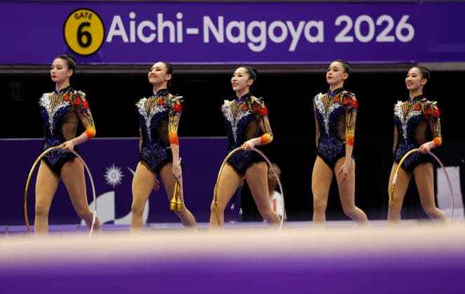 (261003) -- NAGOYA, Oct. 3, 2026 -- Players of team China compete during the Group All-Around of Rhythmic gymnastics, Rhythmische Sportgymnastik, RSG at 20th Asian Games Aichi-Nagoya 2026 in Nagoya, Japan, Oct. 3, 2026. ) (SP)JAPAN-NAGOYA-ASIAN GAMES-RHYTHMIC GYMNASTICS-GROUP ALL-AROUND-FINAL WuxZhizun