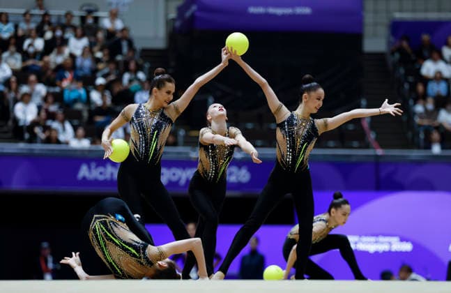 (261003) -- NAGOYA, Oct. 3, 2026 -- Players of team Kazakhstan compete during the Group All-Around of Rhythmic gymnastics, Rhythmische Sportgymnastik, RSG at 20th Asian Games Aichi-Nagoya 2026 in Nagoya, Japan, Oct. 3, 2026. ) (SP)JAPAN-NAGOYA-ASIAN GAMES-RHYTHMIC GYMNASTICS-GROUP ALL-AROUND-FINAL WuxZhizun
