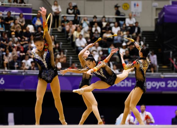 (261003) -- NAGOYA, Oct. 3, 2026 -- Players of team China compete during the Group All-Around of Rhythmic gymnastics, Rhythmische Sportgymnastik, RSG at 20th Asian Games Aichi-Nagoya 2026 in Nagoya, Japan, Oct. 3, 2026. ) (SP)JAPAN-NAGOYA-ASIAN GAMES-RHYTHMIC GYMNASTICS-GROUP ALL-AROUND-FINAL WuxZhizun