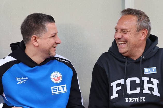SV Gützkow vs. FC Hansa Rostock, Gützkow, October 3, 2026, Soccer, MV State Cup SV Gützkow FC Hansa Rostock AMIR SHAPOURZADEH, Director of Professional Soccer at FC Hansa Rostock, and Coach André Breitenreiter, FC Hansa Rostock, at the Friedrich Ludwig Jahn Stadium in Gützkow, Mecklenburg-Western Pomerania, Germany
