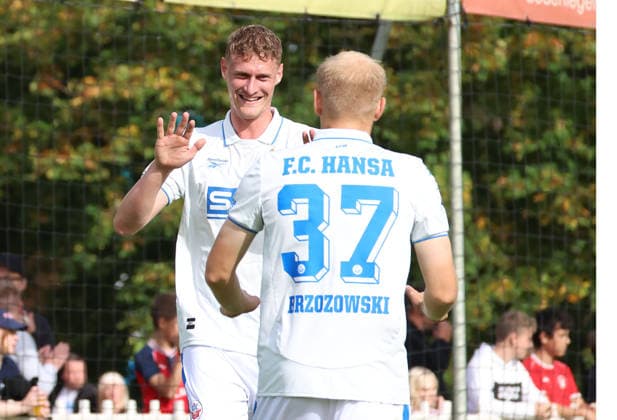 SV Gützkow vs. FC Hansa Rostock, Gützkow, October 3, 2026; Soccer, Mecklenburg-Western Pomerania State Cup; SV Gützkow vs. FC Hansa Rostock, 0–1; Emil Holten celebrates; FC Hansa Rostock, Gützkow; Friedrich Ludwig Jahn Stadium, Mecklenburg-Western Pomerania, Germany