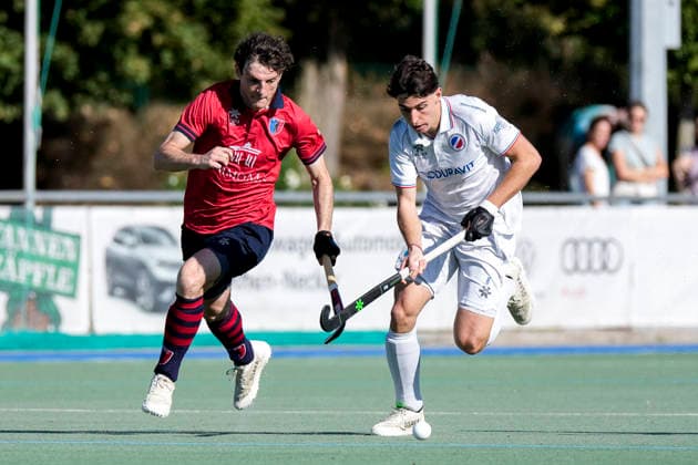 From left: Frederik Gohlke (BHC), 11, Agus Bonnano (MHC), 8, tackle, game play, duel, tackle, tackling, dynamic, action, 03 10 2026, Mannheim, Germany, hockey, 1st Bundesliga, men’s, Mannheimer HC vs. Berliner HC xozx