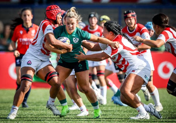 Women s International Test Match, Virgin Media Park, Cork 3 10 2026 Ireland vs Japan Ireland s Aoife Dalton comes up against Japan s Jennifer Nduka and Wako Kitano Aoife Dalton comes up against Jennifer Nduka and Wako Kitano 3 10 2026  Copyright: xDanxClohessyx DC91093 copy