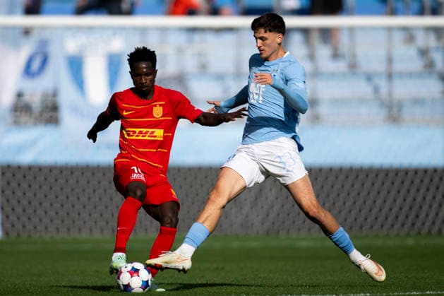 October 3, 2026: Leon da Silva of Malmö FF and Prince Junior of FC Nordsjälland during the friendly match between Malmö FF and FC Nordsjälland on October 3, 2026 in Malmö. Photo by Avdo Bilkanovic, BILDBYRAN COP 115 AB0391. soccer, football, fotball, practice match, friendly match, Malmö FF, FC Nordsjälland, bbeng Copyright: AVDOxBILKANOVIC BB261003AB095
