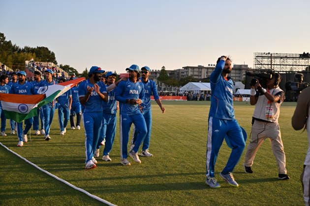 Asian Games 2026 Aichi-Nagoya, Japan Indian Men™s Cricket Team celebrating the victory over Pakistan in the Gold Medal Match held at Asian Games, Nagoya. Silver Pakistan and Srilanka Bronze. Aichi, Nagoya Japan Copyright: xSeshadrixSukumarx