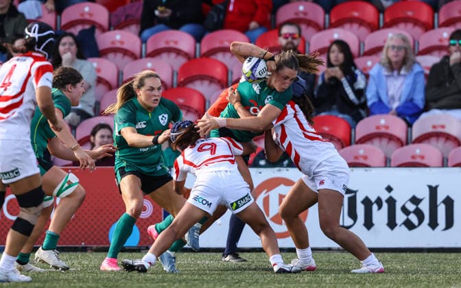 Women s International Test Match, Virgin Media Park, Cork 3 10 2026 Ireland vs Japan Ireland s Anna McGann is tackled by Moe Tsukui and Honoka Tsunokawa of Japan Anna McGann is tackled by Moe Tsukui and Honoka Tsunokawa 3 10 2026 Copyright: xx BB3_0001